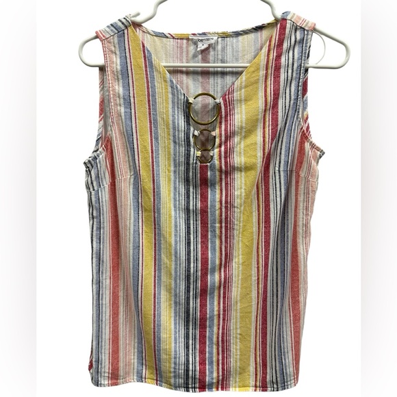Chloe + Rene Linen Striped Embellished Gold Ring Neckline Sleeveless Blouse S - Picture 7 of 10